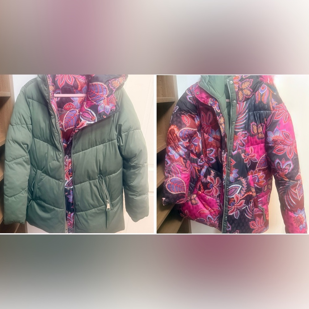 Avec Les Filles Reversible Floral & Green Puffer Jacket Size M
